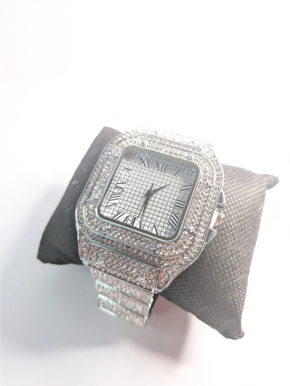Men's Encrusted Watch 40mm – Moissanite Simulated – Roman Numeral- Silver Tone